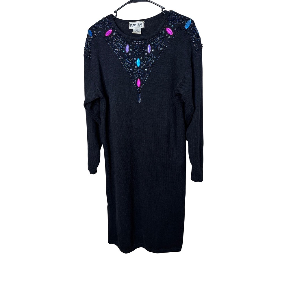 Plain Jane Vintage Black Beaded Sweater Dress Gemstone Embellished Midi Womens M